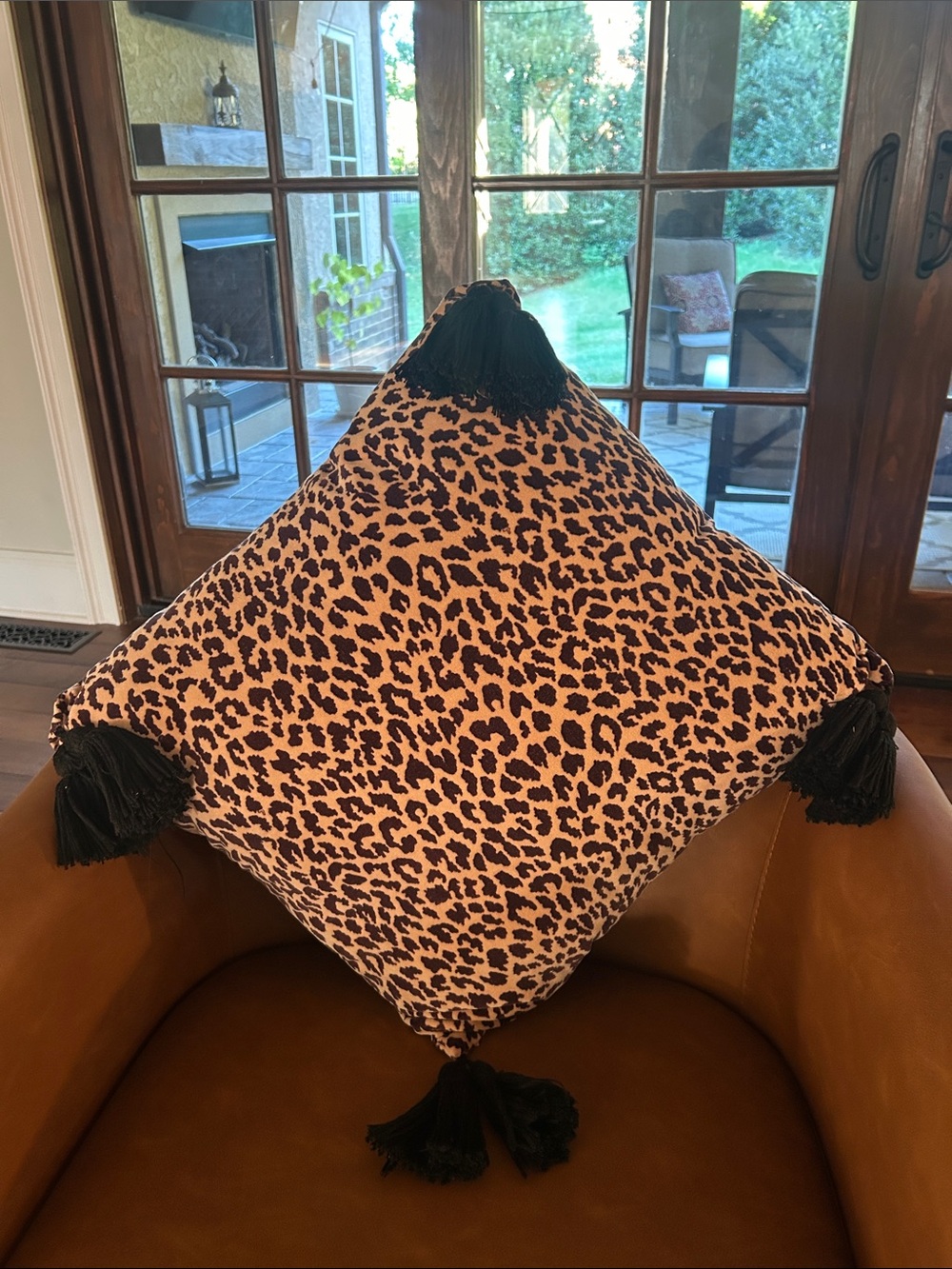 Leopard Print Accent Pillow with Black Tassels - Brown/Black